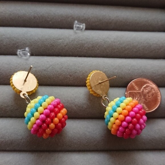 Seed Beaded Ball Drop Earrings - yellow/yellow/red yellow/yellow/pink color comb - Picture 4 of 6